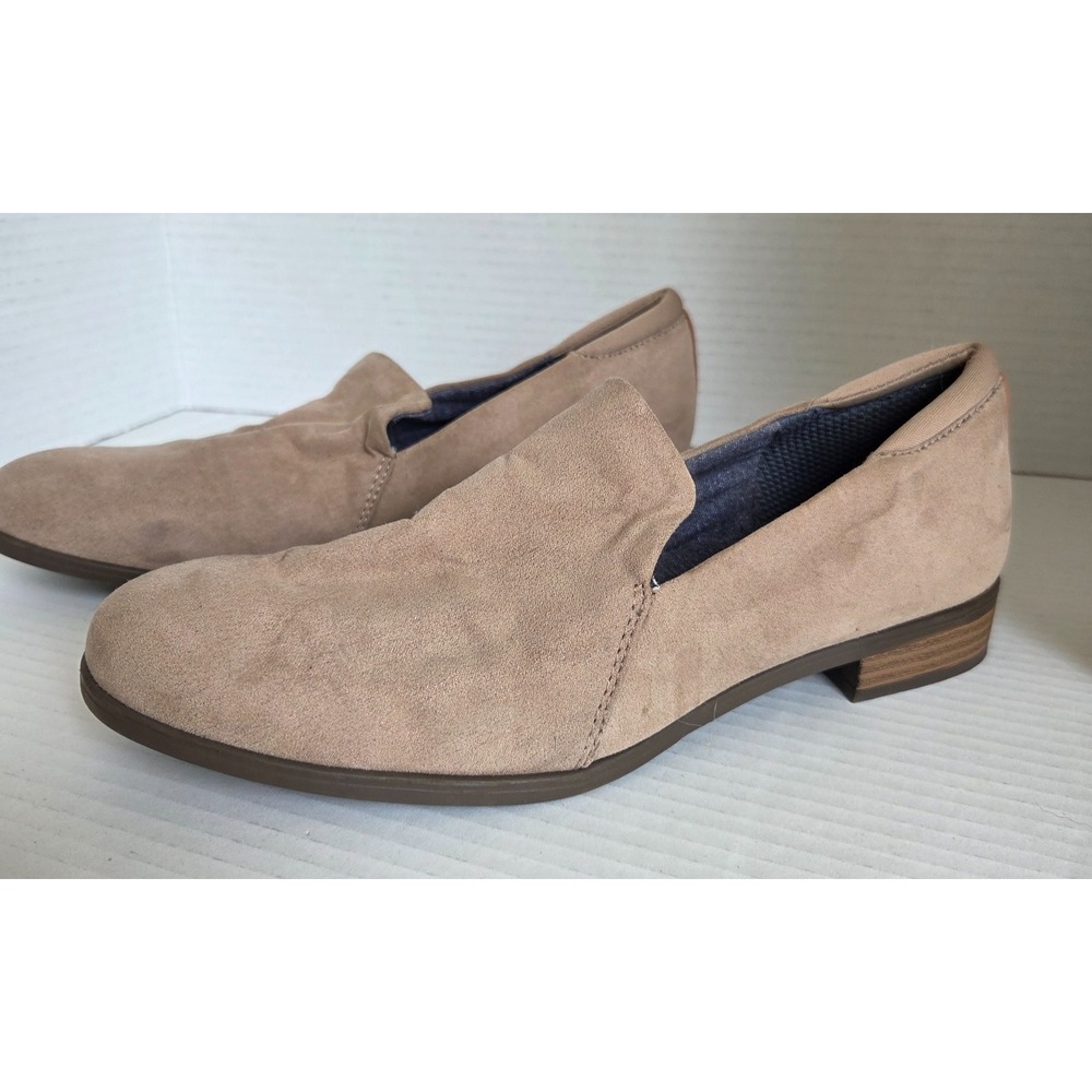 Dr. Scholl's Women Beige Suede Slip on Loafers Low Stacked Block Heel Comfort 9M